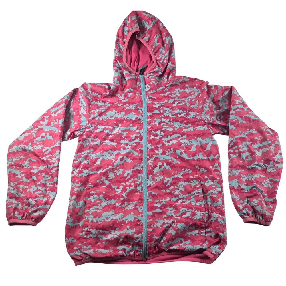 Columbia Windbreaker Jacket Womens M Pink Blue Camo Omni-Wick Hooded‎ Outdoor